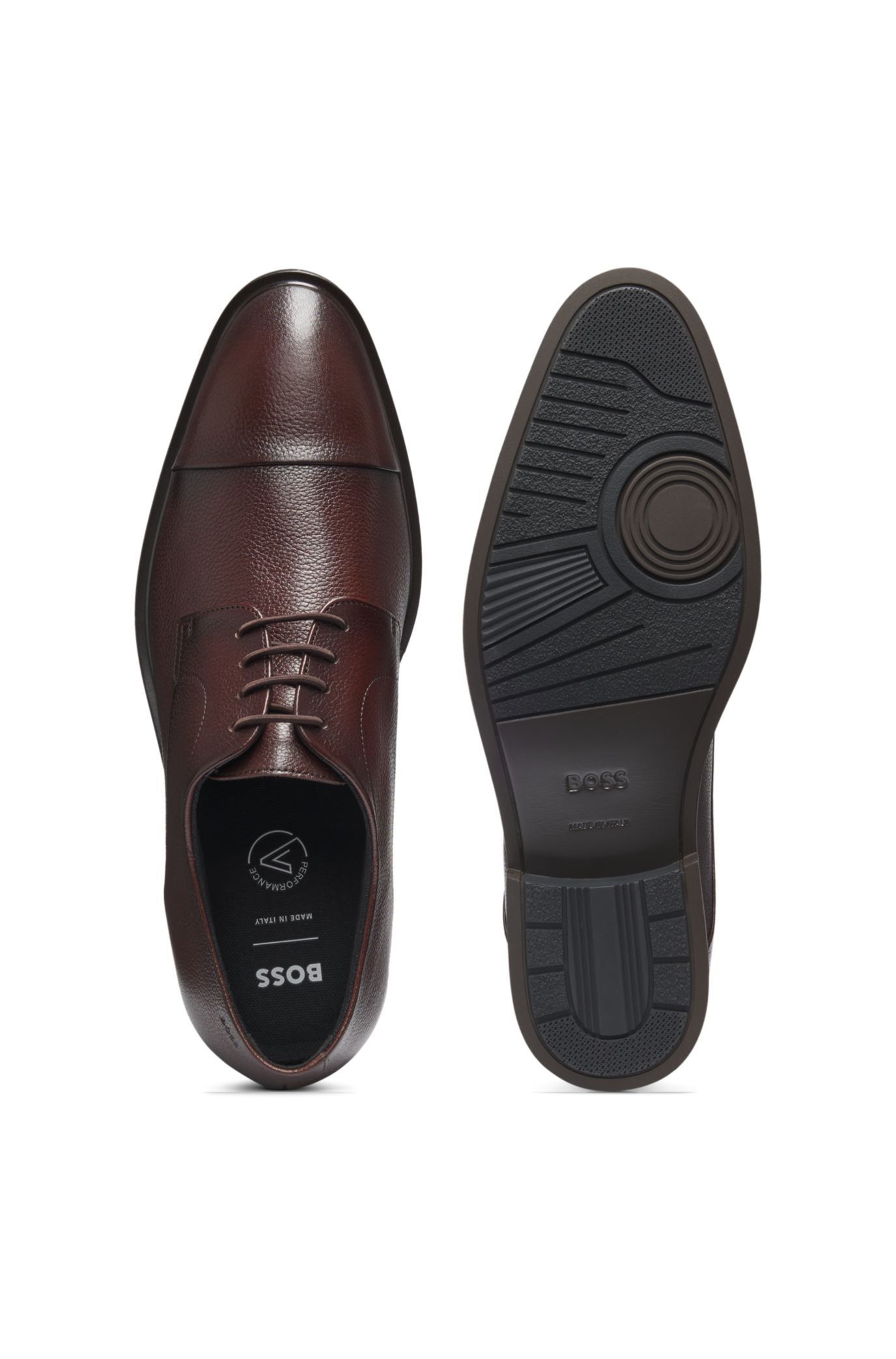 BOSS - Grained-leather Derby shoes with cap toe - Dark Brown