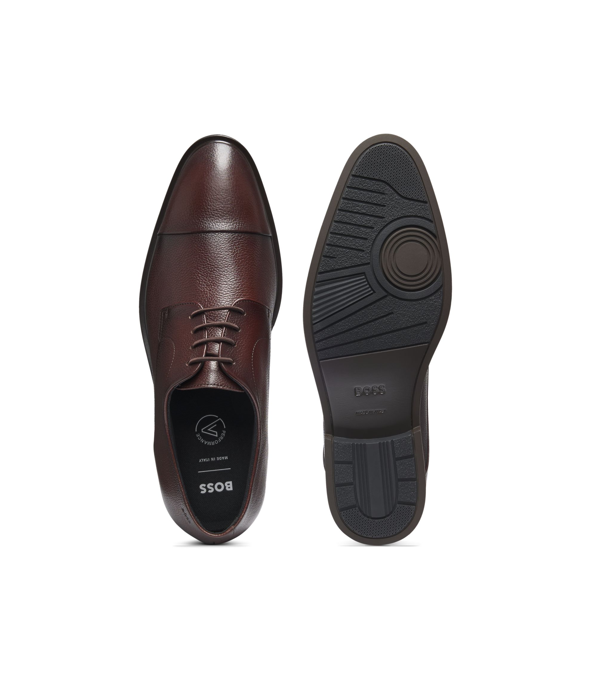 BOSS - Grained-leather Derby shoes with cap toe - Dark Brown