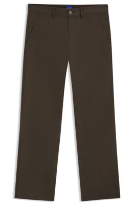 Pantalones regular fit de lona de algod&oacute;n el&aacute;stico, Marr&oacute;n oscuro