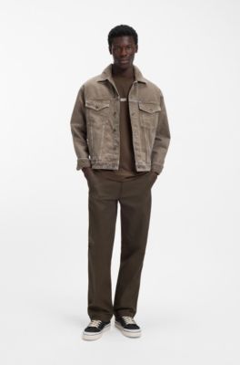 Pantalones regular fit de lona de algod&oacute;n el&aacute;stico, Marr&oacute;n oscuro