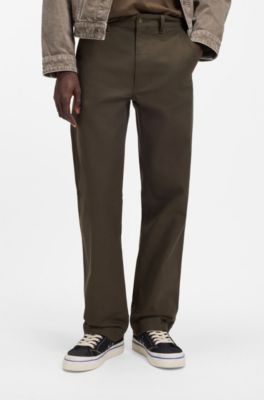 Pantalones regular fit de lona de algod&oacute;n el&aacute;stico, Marr&oacute;n oscuro