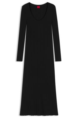 Vestido midi slim fit en tejido acanalado de crep&eacute;, Negro
