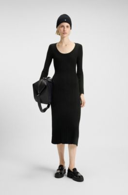 Midi dress with irregular rib, Black