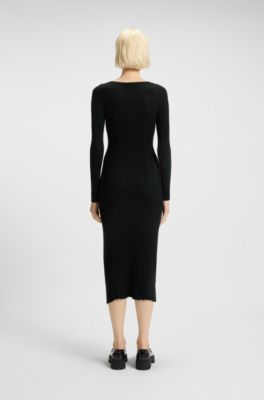 Vestido midi slim fit en tejido acanalado de crep&eacute;, Negro