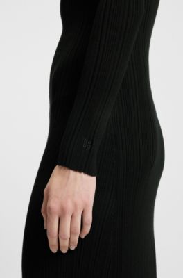 Vestido midi slim fit en tejido acanalado de crep&eacute;, Negro
