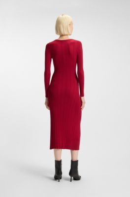 Vestido midi slim fit en tejido acanalado de crep&eacute;, Rojo