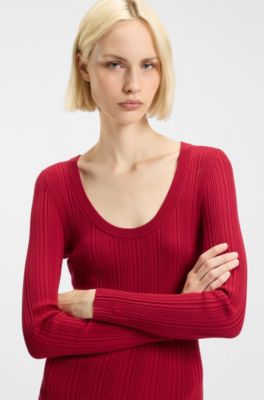 Vestido midi slim fit en tejido acanalado de crep&eacute;, Rojo