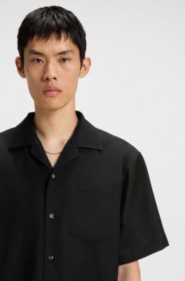 Camisa oversize fit en sarga de mezcla de lana, Negro