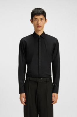 Camisa slim fit en popel&iacute;n de algod&oacute;n de planchado f&aacute;cil, Negro