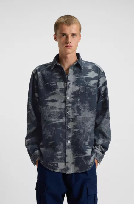 Oversized-fit shirt in jacquard-pattern denim