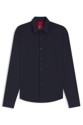 Slim-fit shirt in performance-stretch jacquard, Dark Blue