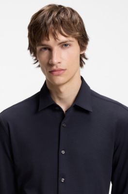 Slim-fit shirt in performance-stretch jacquard, Dark Blue