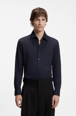 Slim-fit shirt in performance-stretch jacquard, Dark Blue