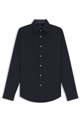 Camisa regular fit de popel&iacute;n de algod&oacute;n el&aacute;stico de planchado f&aacute;cil, Azul oscuro