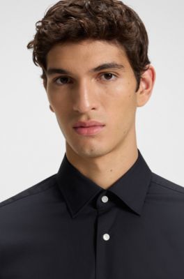 Easy-iron regular-fit shirt in stretch-cotton poplin, Dark Blue