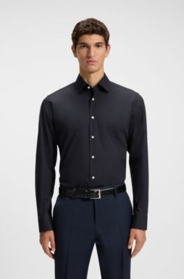 Easy-iron regular-fit shirt in stretch-cotton poplin, Dark Blue