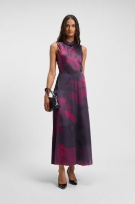 Vestido de seda estampada con cuello drapeado, Fantas&iacute;a