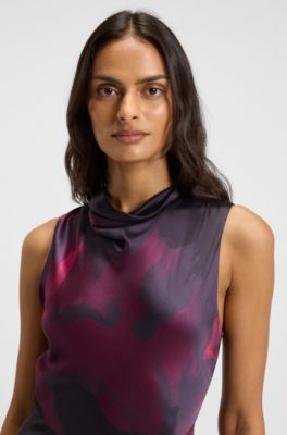 Vestido de seda estampada con cuello drapeado, Fantas&iacute;a