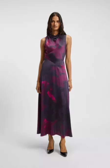 Draped-neckline dress in printed silk