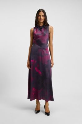 Vestido de seda estampada con cuello drapeado, Fantas&iacute;a