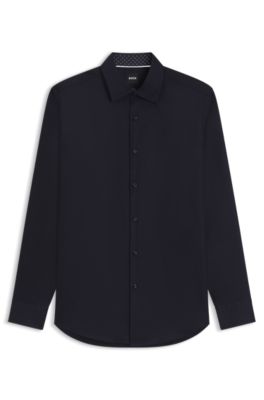 Camisa slim fit en popel&iacute;n de algod&oacute;n de planchado f&aacute;cil, Azul oscuro
