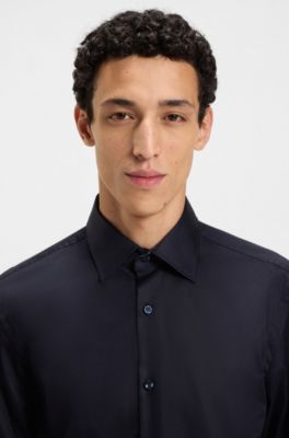 Easy-iron slim-fit shirt in cotton poplin, Dark Blue