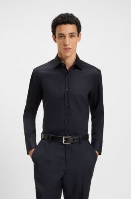 Camisa slim fit en popel&iacute;n de algod&oacute;n de planchado f&aacute;cil, Azul oscuro