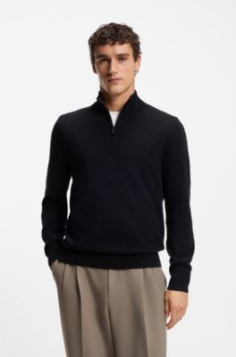 Wool-cashmere sweater with zip neck, Black