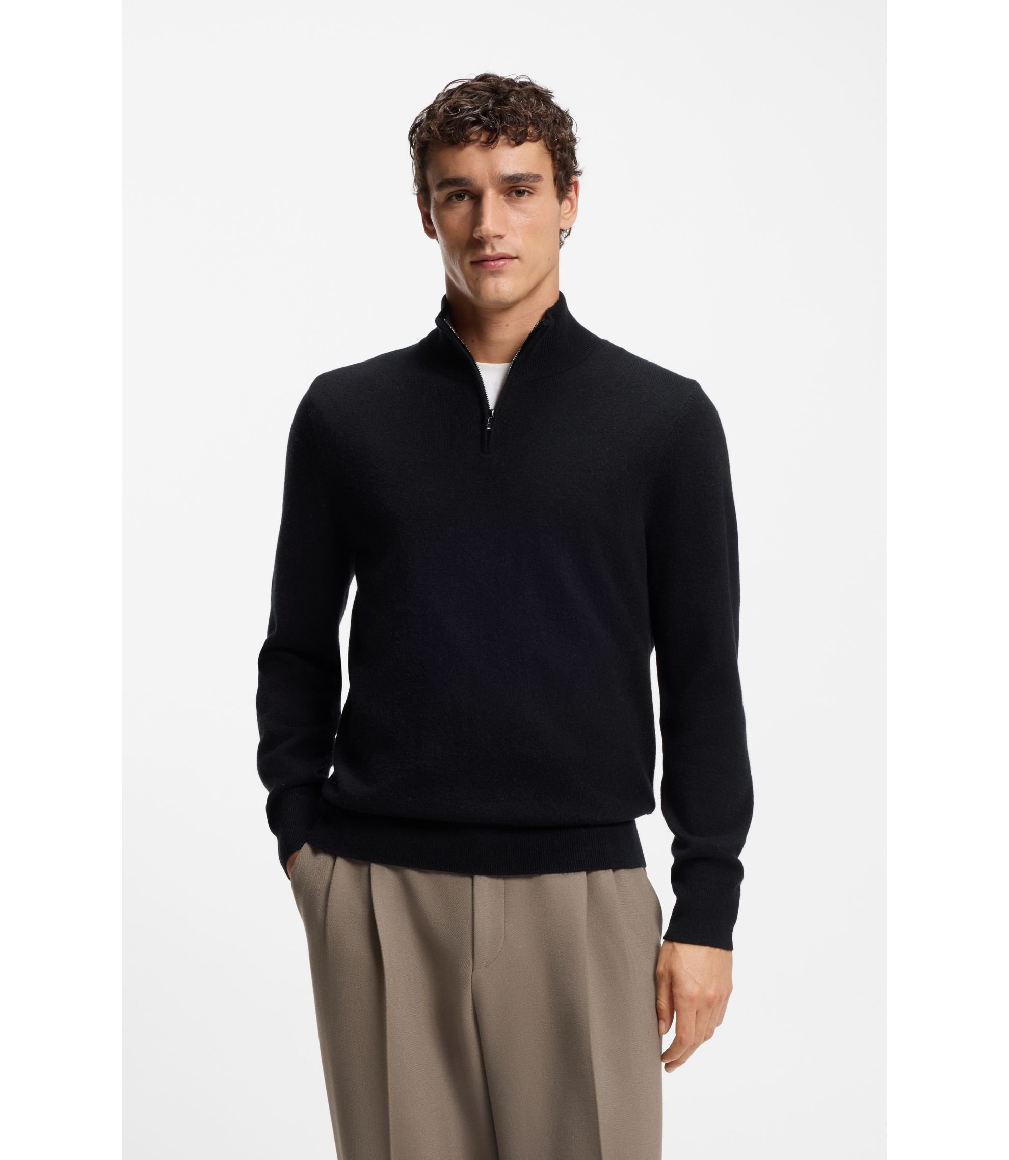 BOSS - Wool-cashmere sweater with zip neck - Black
