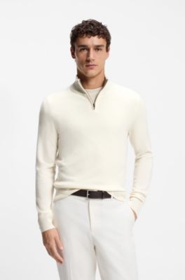Wool-cashmere sweater with zip neck, White