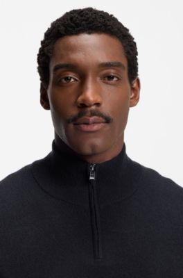 Pull en laine vierge et cachemire &agrave; encolure zipp&eacute;e, Bleu fonc&eacute;