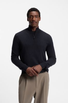 Pull en laine vierge et cachemire &agrave; encolure zipp&eacute;e, Bleu fonc&eacute;