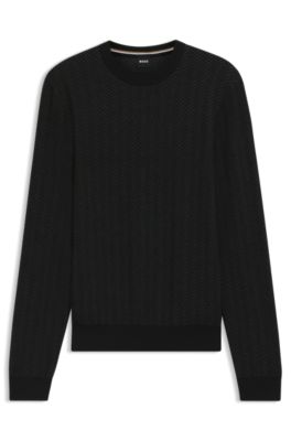 Herringbone-pattern sweater in wool and cotton, Black