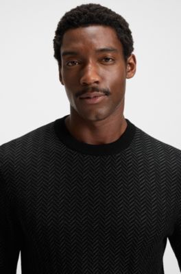 Herringbone-pattern sweater in wool and cotton, Black