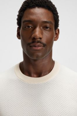 Herringbone-pattern sweater in wool and cotton, White