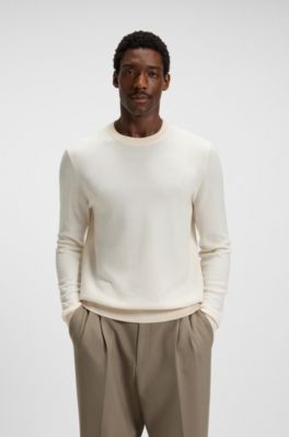 Herringbone-pattern sweater in wool and cotton, White