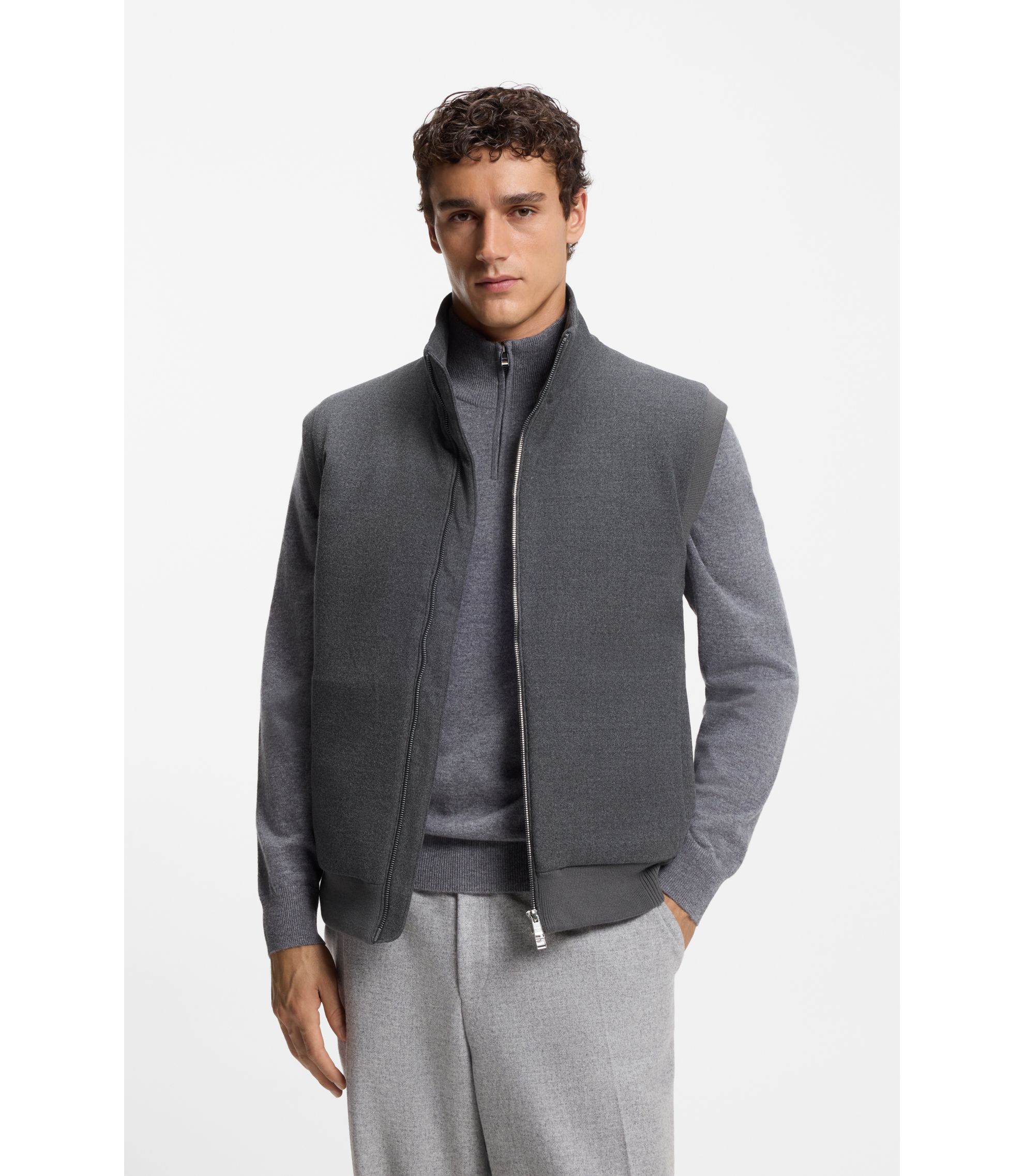 BOSS - Flannel gilet with ribbed trims - Dark Grey