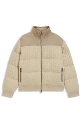 Doudoune en laine et cachemire avec finitions en cuir su&eacute;d&eacute;, Beige clair