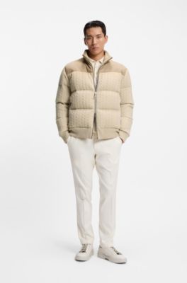 Suede-trim down jacket in wool and cashmere, Light Beige