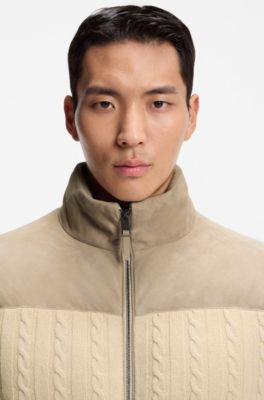 Suede-trim down jacket in wool and cashmere, Light Beige