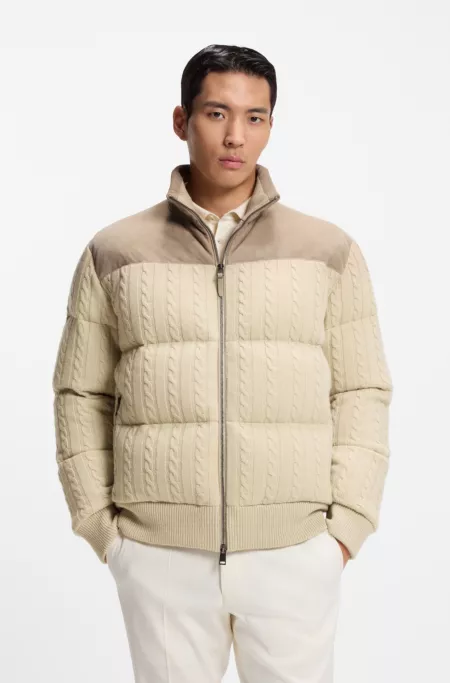 Suede-trim down jacket in wool and cashmere