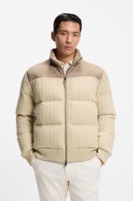 Suede-trim down jacket in wool and cashmere, Light Beige