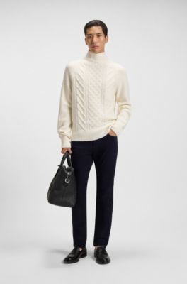 Wool-silk sweater with cable knit, White