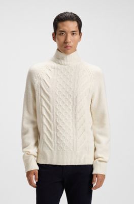 Wool-silk sweater with cable knit, White
