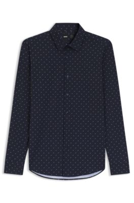 Printed slim-fit shirt in performance-stretch jersey, Dark Blue