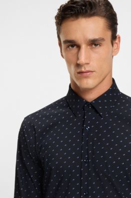 Camisa slim fit en punto t&eacute;cnico el&aacute;stico estampado, Azul oscuro