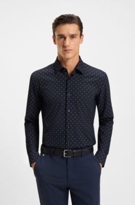 Camisa slim fit en punto t&eacute;cnico el&aacute;stico estampado, Azul oscuro