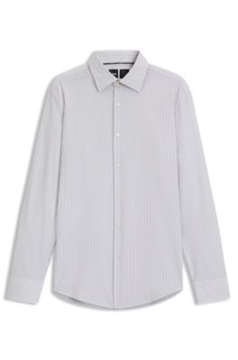 Camisa slim fit en tejido el&aacute;stico t&eacute;cnico a rayas, Marr&oacute;n claro