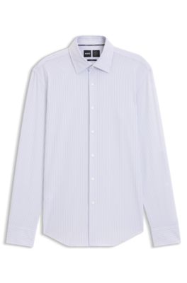 Camisa slim fit en tejido el&aacute;stico t&eacute;cnico a rayas, Celeste