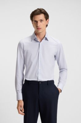 Camisa slim fit en tejido el&aacute;stico t&eacute;cnico a rayas, Celeste